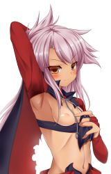 Rule 34 | 1girl, armpits, chloe von einzbern, closed mouth, dark-skinned female, dark skin, fate/grand order, fate/kaleid liner prisma illya, fate (series), highres, looking at viewer, nipples, noumin, simple background, smile, solo, white background