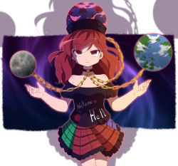 Rule 34 | 1girl, bare shoulders, chain, clothes writing, collar, earth (ornament), hat, hecatia lapislazuli, long hair, moon (ornament), multicolored clothes, multicolored skirt, red eyes, red hair, shirt, skirt, smile, solo, t-shirt, touhou, ts1016