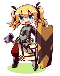 Rule 34 | 1girl, :d, armor, armored boots, black skirt, blonde hair, blue eyes, blush, boots, breastplate, chibi, colored shadow, commentary request, etrian odyssey, fortress (sekaiju), full body, hair between eyes, hair ribbon, hammer, holding, holding hammer, holding shield, long hair, long sleeves, looking at viewer, naga u, open mouth, pants, puffy pants, red pants, red ribbon, ribbon, round teeth, sekaiju no meikyuu, sekaiju no meikyuu 4, shadow, shield, skirt, smile, solo, standing, teeth, twintails, upper teeth only, v-shaped eyebrows, white background