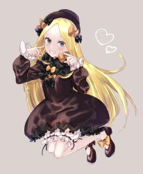 Rule 34 | 1girl, abigail williams (fate), black bow, black footwear, black hat, blonde hair, bloomers, blue eyes, blush, bow, brown background, brown dress, bug, butterfly, commentary request, dress, fate/grand order, fate (series), fingernails, fingers to cheeks, forehead, full body, grin, hair bow, hands up, hat, heart, highres, insect, kagari hiko, long hair, long sleeves, looking at viewer, mary janes, open mouth, orange bow, parted bangs, polka dot, polka dot bow, shoes, simple background, smile, solo, underwear, very long hair, white bloomers