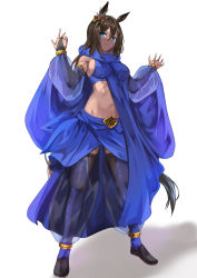 Rule 34 | 1girl, absurdres, animal ears, arabian clothes, bare shoulders, black footwear, blue eyes, blue scarf, blue skirt, blue sports bra, blue thighhighs, bracelet, breasts, bridal gauntlets, brown hair, closed mouth, commentary request, dark-skinned female, dark skin, detached sleeves, ear ornament, full body, groin, hair between eyes, highres, horse ears, horse girl, horse tail, jewelry, large breasts, long hair, looking at viewer, midriff, mouth veil, navel, original, puffy detached sleeves, puffy pants, puffy sleeves, scarf, see-through, see-through sleeves, shadow, shoes, sideboob, sidelocks, simple background, skirt, smile, solo, sports bra, standing, tail, thighhighs, toned, uchida shou, umamusume, veil, w arms, white background