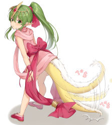 Rule 34 | 1girl, afterimage, dragon tail, dress, fire emblem, fire emblem: mystery of the emblem, green eyes, green hair, hair between eyes, haru (nakajou-28), highres, legs apart, long hair, looking at viewer, nintendo, pink dress, pink footwear, pink ribbon, pointy ears, ponytail, ribbon, shoes, sidelocks, simple background, solo, standing, tail, tail wagging, tiara, tiki (fire emblem), tiki (young) (fire emblem), white background, wrist ribbon
