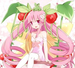 Rule 34 | 1girl, alraune (p&amp;d), alternate color, bad id, bad pixiv id, bare shoulders, cherry, collarbone, dress, drill hair, flower, food, fruit, hair flower, hair ornament, leaf, long hair, monster girl, open mouth, pink eyes, pink hair, pink theme, plant girl, puzzle &amp; dragons, sitting, smile, solo, strapless, strapless dress, swing, thighhighs, very long hair, white thighhighs, yui (kanatamoo)