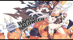 Rule 34 | 1girl, alternate costume, amatsukaze (kancolle), animal, black border, black cat, border, candle, candy, cat, fang, food, hair between eyes, halloween, halloween costume, hat, highres, jack-o&#039;-lantern, kantai collection, letterboxed, litsvn, long hair, pumpkin, rensouhou-kun, silver hair, single thighhigh, smile, solo, striped clothes, striped thighhighs, thighhighs, two side up, white background, witch hat, yellow eyes