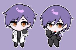 Rule 34 | 1005nemui, armband, black gloves, black pants, black suit, chibi, formal, frown, furrowed brow, gabriel (project moon), gloves, highres, lab coat, lobotomy corporation, necktie, open mouth, pants, project moon, purple armband, purple background, purple hair, purple necktie, simple background, suit, yellow eyes, yesod (project moon)