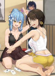 Rule 34 | 3girls, :d, absurdres, ace (playing card), ace of clubs, ace of hearts, ace of spades, bangom r, bare legs, barefoot, blue hair, breasts, brown hair, card, closed eyes, club (shape), flower, hair between eyes, hair flower, hair intakes, hair ornament, hair ribbon, hair stick, heart, highres, holding another&#039;s arm, hololive, hololive english, looking at another, medium breasts, multicolored hair, multiple girls, oozora subaru, open mouth, ouro kronii, playing card, pointy ears, ribbon, shirt, short hair, shorts, sitting, smile, socks, spade (shape), streaked hair, updo, virtual youtuber, white shirt, white socks, yellow eyes, yellow ribbon, yellow shorts, yukihana lamy