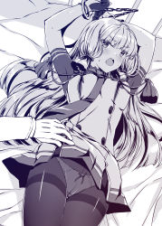 Rule 34 | 1boy, 1girl, admiral (kancolle), arms up, bed, bed sheet, blunt bangs, blush, bound, bound arms, breasts, buttons, clothes lift, covered eyes, cowboy shot, crotch seam, cuffs, dated, dress, dress lift, gloves, greyscale, hair ribbon, handcuffs, head tilt, highres, kantai collection, kobayashi chisato, lifting another&#039;s clothes, long hair, long sleeves, lying, medium breasts, monochrome, murakumo (kancolle), necktie, nose blush, on back, on bed, open mouth, panties, panties under pantyhose, pantyhose, restrained, ribbon, short sleeves, sidelocks, signature, solo focus, sweat, tassel, thigh gap, thighband pantyhose, tress ribbon, underwear, very long hair