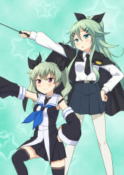 Rule 34 | 10s, 2girls, anchovy, anchovy (cosplay), anchovy (girls und panzer), belt, black legwear, black necktie, black ribbon, black serafuku, black skirt, blue neckerchief, blush, cape, choker, closed mouth, cosplay, costume switch, detached sleeves, dress, dress shirt, drill hair, girls und panzer, green background, green eyes, green hair, hair between eyes, hair ornament, hair ribbon, hairclip, hand on own hip, highres, holding, holding riding crop, kantai collection, long hair, long sleeves, looking at viewer, miniskirt, miyabeeya, multiple girls, neckerchief, necktie, on one knee, pantyhose, pleated skirt, red eyes, ribbon, riding crop, school uniform, serafuku, shirt, sidelocks, skirt, sleeveless, sleeveless dress, smile, standing, star (symbol), starry background, thighhighs, twin drills, twintails, white legwear, white shirt, yamakaze (kancolle), yamakaze (kancolle) (cosplay)