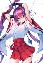 Rule 34 | 1girl, ahoge, arms up, arrow (projectile), black gloves, bow (weapon), cowboy shot, floating hair, gloves, hair between eyes, hair intakes, hakama, hakama short skirt, hakama skirt, highres, holding, holding arrow, holding bow (weapon), holding weapon, japanese clothes, kimono, long hair, long sleeves, looking at viewer, original, ponytail, purple hair, red hakama, ribbon-trimmed sleeves, ribbon trim, signature, sion (9117), skirt, solo, standing, very long hair, weapon, white background, white kimono, wide sleeves, yellow eyes