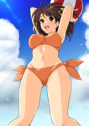 Rule 34 | 1girl, :d, armpits, arms up, ball, beachball, bikini, blue sky, bow, breasts, brown eyes, brown hair, cloud, commentary request, day, facing viewer, feet out of frame, from below, gluteal fold, hair bow, hairband, happy, haruhisky, highres, holding, holding ball, holding beachball, legs apart, lens flare, looking at viewer, looking down, medium breasts, medium hair, navel, open mouth, orange bikini, orange bow, orange hairband, outdoors, side-tie bikini bottom, sky, smile, solo, standing, stomach, sunlight, suzumiya haruhi, suzumiya haruhi no yuuutsu, swimsuit, teeth, upper teeth only, wet, yellow hairband