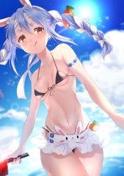 Rule 34 | 1girl, absurdres, alternate costume, animal ear fluff, animal ears, armband, bikini, bikini skirt, black bikini, blue hair, blue sky, blurry, blurry background, blush, braid, breasts, carrot hair ornament, cleavage, cleaver, closed mouth, cloud, cloudy sky, commentary, cowboy shot, day, food-themed hair ornament, glint, hair between eyes, hair ornament, harui (hr x9 ), headband, highres, holding, holding weapon, hololive, licking lips, light blue hair, long hair, looking at viewer, medium breasts, midriff, navel, outdoors, rabbit ears, red eyes, skindentation, sky, smile, solo, string bikini, sun, sunlight, swimsuit, thick eyebrows, thighs, tongue, tongue out, twin braids, twintails, usada pekora, virtual youtuber, weapon, wet, white hair