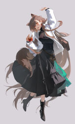 Rule 34 | 1girl, absurdres, alternate costume, animal ears, aqua skirt, arknights, arm up, black dress, braid, breasts, brown hair, coat, cup, dress, drink, drinking glass, earrings, full body, grey background, highres, holding, holding drink, jacket, jewelry, long hair, medium breasts, mole, mole above eye, open mouth, penance (arknights), penance (occasionally flushed) (arknights), single braid, skirt, smile, solo, tail, very long hair, white jacket, winter clothes, wolf ears, wolf girl, wolf tail, yellow eyes, yuyumu