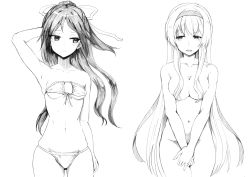 Rule 34 | 2girls, bikini, blush, breast envy, breasts, breasts squeezed together, cleavage, closed mouth, covering privates, covering breasts, covering crotch, eyepatch bikini, greyscale, hair ribbon, hairband, highres, kantai collection, katsuragi (kancolle), long hair, medium breasts, monochrome, multiple girls, nude, open mouth, ribbon, shoukaku (kancolle), sidelocks, simple background, small breasts, swimsuit, traditional media, tsuji kazuho
