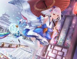 Rule 34 | 1girl, bare shoulders, blue bow, blue flower, blue ribbon, bow, brown eyes, building, closed mouth, commentary request, day, detached sleeves, flower, hair flower, hair ornament, highres, holding, holding umbrella, japanese clothes, kimono, kimono skirt, kinom (sculpturesky), lantern, long hair, long sleeves, looking at viewer, obi, oil-paper umbrella, original, outdoors, paper lantern, print sleeves, red umbrella, ribbon, sash, sleeveless, sleeveless kimono, snow, snowflake print, snowflakes, snowing, solo, standing, standing on one leg, thighhighs, umbrella, white hair, white kimono, white sleeves, white thighhighs, wide sleeves