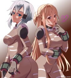 Rule 34 | 2girls, absurdres, alternate costume, alternate hair color, aqua eyes, asuna (sao), bodysuit, braid, breasts, brown background, brown bodysuit, brown eyes, brown gloves, brown hair, clothing request, commentary request, french braid, gloves, gradient background, grey hair, hand on own hip, hand to own mouth, heart, highres, impossible bodysuit, impossible clothes, lips, long hair, medium breasts, multiple girls, parted lips, seductive smile, short hair, sinon, smile, sword art online, tu tora2, twitter username, white background