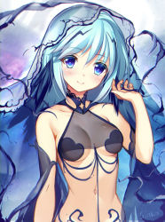 Rule 34 | 1girl, aqua hair, arm at side, armpit crease, artist name, bare shoulders, blue eyes, blue hair, blush, breasts, breasts apart, closed mouth, collarbone, commentary, cthulhu mythos, hand up, head tilt, looking at viewer, medium breasts, multicolored hair, navel, original, pasties, revealing clothes, see-through, sidelocks, smile, solo, stomach, streaked hair, two-tone hair, upper body, veil, yadamon (neverland)