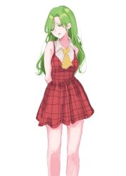 Rule 34 | 1girl, alternate costume, arms behind back, ascot, bare shoulders, breasts, collared shirt, colored eyelashes, commentary request, dress, green eyes, green hair, highres, kazami yuuka, long hair, looking at viewer, looking to the side, medium breasts, open mouth, plaid, plaid skirt, plaid vest, red skirt, shirt, simple background, sketch, skirt, skirt set, smile, solo, standing, tohoyuukarin, touhou, vest, white background, white shirt, yellow ascot
