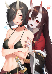 Rule 34 | 2girls, akagi kurage, bare arms, bare shoulders, belt, bikini, black belt, black bikini, black choker, black hair, black sclera, blush, breasts, character request, choker, cleavage, clothing request, colored sclera, colored skin, commentary request, cowboy shot, crossed arms, fang, fingernails, flying sweatdrops, grey skin, hair between eyes, hair over one eye, halterneck, heart, highres, horns, japanese clothes, katana, kimono, large breasts, long hair, long sleeves, looking at viewer, lower teeth only, midnight girls r, multiple girls, navel, o-ring, o-ring choker, o-ring top, oni, open mouth, pointy ears, red eyes, red kimono, sharp fingernails, sheath, short hair, simple background, skin-covered horns, stomach, swimsuit, sword, teeth, upper body, weapon, white background, wide sleeves