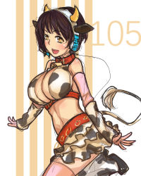 Rule 34 | 10s, 1girl, :d, animal ears, animal print, bakuya, bare shoulders, bell, neck bell, blush, boots, breasts, brown eyes, brown hair, collar, cow ears, cow horns, cow print, cowbell, elbow gloves, gloves, headset, heart, heart-shaped pupils, highres, horns, idolmaster, idolmaster cinderella girls, large breasts, oikawa shizuku, open mouth, short hair, smile, solo, standing, symbol-shaped pupils, tail, thighhighs