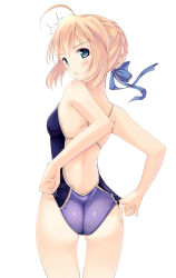 Rule 34 | 1girl, ^^^, adjusting clothes, adjusting swimsuit, ahoge, aqua eyes, artoria pendragon (all), artoria pendragon (fate), ass, bad id, bad pixiv id, blonde hair, competition swimsuit, fate/stay night, fate (series), from behind, hair ribbon, highres, looking back, nksk, official alternate costume, one-piece swimsuit, ribbon, saber (fate), saber (summer battle clothes) (fate), simple background, solo, swimsuit, thigh gap, white background