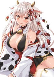 Rule 34 | 1girl, animal ears, bare shoulders, bell, blush, breasts, chinese zodiac, cleavage, cow ears, cow horns, cow tail, cowbell, earrings, etna (kuzuyu), hair ornament, highres, horns, japanese clothes, jewelry, komori kuzuyu, large breasts, long hair, looking at viewer, miko, off shoulder, open mouth, original, red eyes, sitting, solo, tail, thighhighs, white background, white hair, white thighhighs, year of the ox