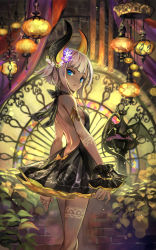 Rule 34 | 1girl, :o, armlet, arms at sides, back, backless dress, backless outfit, bare back, black bow, black dress, blunt bangs, blurry, bodypaint, bow, breasts, brick wall, curtains, depth of field, dragon, dress, eyelashes, flower, hair flower, hair ornament, halterneck, horns, ironwork, lantern, lens flare, light particles, looking at viewer, original, plant, short dress, short hair, sidelocks, silver hair, small breasts, striped, striped bow, wrist cuffs, yellow bow, yoshimo (yoshimo1516)