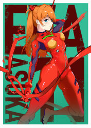 Rule 34 | 1girl, absurdres, alternate hair length, alternate hairstyle, artist request, blue eyes, bodysuit, breasts, character name, eyepatch, headgear, highres, holding, holding weapon, interface headset, lance of longinus (evangelion), lips, long hair, looking at viewer, medium breasts, neon genesis evangelion, orange hair, pilot suit, plugsuit, rebuild of evangelion, red bodysuit, shiny clothes, simple background, solo, souryuu asuka langley, very long hair, weapon, wide hips