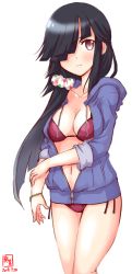 Rule 34 | 1girl, artist logo, bikini, black hair, blunt bangs, bracelet, brown bikini, brown eyes, commentary request, dated, hair ornament, hair over one eye, hair scrunchie, hayashimo (kancolle), highres, jewelry, kanon (kurogane knights), kantai collection, long hair, looking at viewer, parted lips, polka dot, polka dot scrunchie, scrunchie, side-tie bikini bottom, simple background, smile, solo, swimsuit, very long hair, white background