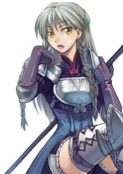 Rule 34 | 1girl, aliesta, armor, artdink, boots, braid, grey hair, lips, lipstick, makeup, open mouth, ravness loxaerion, solo, tactics ogre, thigh boots, thighhighs, twin braids, weapon, yellow eyes