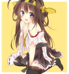 Rule 34 | 10s, 1girl, ahoge, bare shoulders, blush, breasts, brown hair, cleavage, detached sleeves, hairband, headgear, japanese clothes, kantai collection, kongou (kancolle), long hair, looking at viewer, meota, open mouth, personification, solo, tears, thighhighs, torn clothes, yellow background