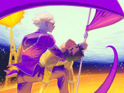 Rule 34 | 2boys, black hair, blonde hair, carrying, chain, commentary, dave strider, earrings, english commentary, closed eyes, flag, highres, homestuck, jewelry, john egbert, kneeling, long sleeves, male focus, multiple boys, outdoors, pajamas, pants, princess carry, purple pants, purple shirt, shirt, shoes, short hair, stud earrings, sunglasses, thetrashbinoverthere, thick eyebrows, yellow pants, yellow shirt
