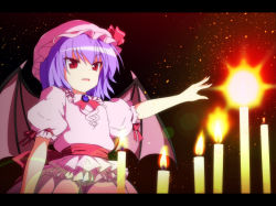 Rule 34 | 1girl, bad id, bad pixiv id, bow, candle, dress, fang, female focus, fire, frills, gradient background, hat, hat bow, letterboxed, open mouth, purple hair, red eyes, remilia scarlet, ribbon, short sleeves, solo, tanpinsansyoku, touhou, wings