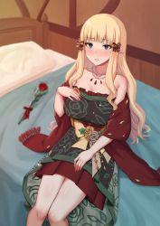 Rule 34 | 1girl, bare shoulders, blonde hair, blue eyes, blush, bow, breasts, cleavage, collarbone, dress, elf, flower, gomu (chewinggom), green dress, hair bow, hair ornament, highres, jewelry, large breasts, long hair, long sleeves, looking at viewer, necklace, on bed, pointy ears, princess connect!, rose, saren (christmas) (princess connect!), saren (princess connect!), sash, shawl, sidelocks, sitting, smile, solo, thighs