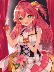 Rule 34 | 1girl, ahoge, bell, blush, breasts, cherry blossom print, commentary request, curtains, dress, floral print, gloves, green eyes, hair bell, hair between eyes, hair ornament, hairclip, highres, holding, hololive, idol, long hair, looking at viewer, medium breasts, mi taro333, official alternate costume, one side up, open mouth, pink dress, pink hair, sakura miko, sidelocks, sleeveless, sleeveless dress, smile, solo, virtual youtuber, white dress, white gloves