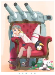 Rule 34 | 1girl, ahoge, aircraft, aircraft request, airplane, boots, bow, bowtie, cannon, chair, commentary request, couch, cross-laced footwear, failure penguin, grey eyes, grey hair, grey pantyhose, hair between eyes, hair bun, halterneck, kantai collection, kitsuneno denpachi, kiyoshimo (kancolle), lace-up boots, long hair, low twintails, miss cloud, open mouth, pantyhose, school uniform, shirt, single hair bun, sitting, solo, stuffed toy, tank shell, turret, twintails, very long hair, white shirt