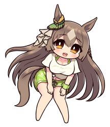 Rule 34 | barefoot, blush, braid, breasts, brown hair, cleavage, commentary request, ear ornament, floral print, french braid, full body, gaze on me! outfit (umamusume), green shorts, hair between eyes, highres, large breasts, looking at viewer, multicolored hair, navel, open mouth, satono diamond (umamusume), scrunchie, shirt, short sleeves, shorts, simoyuki, simple background, smile, streaked hair, teeth, tied shirt, umamusume, upper teeth only, white background, white hair, white shirt, wrist scrunchie, yellow eyes