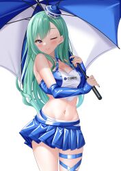 Rule 34 | 1girl, armpit crease, bare shoulders, black nails, blue shirt, blue skirt, breasts, cleavage, closed mouth, cowboy shot, crop top, detached sleeves, green hair, hat, highres, hisame shiki, holding, holding umbrella, long sleeves, medium breasts, midriff, mini hat, miniskirt, mole, mole on breast, nail polish, navel, one eye closed, pacific racing team, pleated skirt, purple eyes, race queen, revealing clothes, revision, shirt, simple background, skindentation, skirt, sleeves past wrists, smile, solo, standing, stomach, thigh strap, thighs, two-tone shirt, umbrella, virtual youtuber, vspo!, white background, white shirt, yakumo beni