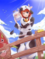 Rule 34 | 00s, 1girl, animal costume, animal ears, animal hood, animal print, bakuretsu tenshi, bell, neck bell, blue eyes, bottle, collar, cow costume, cow ears, cow horns, cow print, cow tail, cowbell, farm, fence, highres, hood, horns, long hair, meg (bakuretsu tenshi), milk, milk bottle, one eye closed, red hair, solo, sunimu, tail, thigh gap, wind, wink