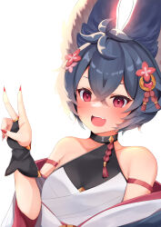 Rule 34 | 1girl, :d, absurdres, animal ears, backlighting, bare shoulders, black hair, bridal gauntlets, collarbone, commentary request, erune, fang, fingernails, flower, granblue fantasy, hair between eyes, hair flower, hair ornament, hand up, highres, long fingernails, looking at viewer, nail polish, noa yj, open mouth, red eyes, red flower, red nails, sharp fingernails, simple background, smile, solo, white background, you (granblue fantasy)