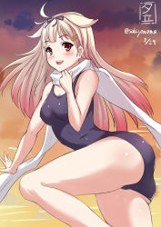Rule 34 | 10s, 1girl, alternate costume, bare shoulders, blonde hair, blush, breasts, cleavage, hair flaps, hair ornament, hair ribbon, kantai collection, long hair, lying, on side, one-piece swimsuit, open mouth, red eyes, ribbon, sakiyamama, school swimsuit, smile, solo, swimsuit, yuudachi (kancolle)