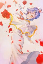 Rule 34 | 1girl, aika granzchesta, aria (manga), blue hair, blurry, blush, bow, bowtie, capelet, depth of field, dress, eyelashes, falling petals, feet out of frame, flower, from behind, gold trim, grey background, highres, himeya company uniform, impossible clothes, impossible dress, jizizi, leaning back, long sleeves, looking at viewer, outstretched arms, petals, red bow, red bowtie, red headwear, rose, rose petals, short hair with long locks, solo, swept bangs, traditional media, two-tone headwear, white capelet, white dress, white headwear, yellow eyes