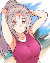 Rule 34 | 1girl, absurdres, armpits, arms behind head, arms up, breasts, fire emblem, fire emblem heroes, grey hair, high ponytail, highres, large breasts, looking at viewer, nintendo, plumeria (fire emblem), red eyes, solo, tavi (hosheezus)