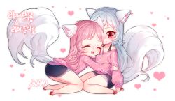 Rule 34 | 10s, 2girls, animal ear fluff, animal ears, ass, blade &amp; soul, chibi, denim, denim shorts, closed eyes, hand on another&#039;s head, hug, kneeling, leaning forward, long hair, lyn (blade &amp; soul), milcona, multiple girls, open mouth, pink hair, red eyes, sandals, short shorts, shorts, silver hair, sitting, smile, sweater, tail, wolf ears