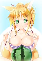 Rule 34 | 10s, 1girl, animal ears, areola slip, bad id, bad pixiv id, bare shoulders, bikini, blonde hair, blush, bracelet, breasts, cleavage, collarbone, dog days, food, fox ears, fox tail, fruit, green eyes, hair ornament, highres, jewelry, kazuma (kazumav), large breasts, looking at viewer, ponytail, short hair, sideboob, smile, solo, striped bikini, striped clothes, swimsuit, tail, upper body, watermelon, wet, yukikaze panettone