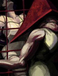 Rule 34 | 1boy, 1girl, alex ahad, bare shoulders, black background, breasts, bubble head nurse, collarbone, fence, head back, imminent rape, medium breasts, muscular, open mouth, pyramid head, silent hill (series), silent hill 2, simple background, sketch, sleeveless, standing