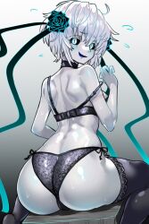 Rule 34 | 1girl, ass, back, bare shoulders, black bra, black panties, black sclera, black thighhighs, blue tongue, blush, bra, breasts, colored sclera, colored skin, colored tongue, ebora, fate/grand order, fate (series), highres, looking at viewer, looking back, open mouth, panties, short hair, sitting, small breasts, smile, solo, thighhighs, underwear, van gogh (fate), van gogh (third ascension) (fate), wariza, white eyes, white hair, white skin