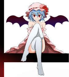 Rule 34 | 1girl, bat wings, crossed legs, feet, female focus, hat, legs, remilia scarlet, sitting, solo, thighhighs, touhou, white background, white thighhighs, wings