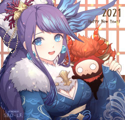 Rule 34 | 1girl, 2021, :d, blue hair, blue kimono, breasts, cleavage, earrings, hair ornament, happy new year, japanese clothes, jewelry, kimono, lf (paro), long hair, long sleeves, looking at viewer, new year, ningyo hime (sinoalice), open mouth, ponytail, sinoalice, smile, solo
