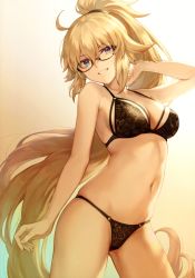 Rule 34 | 1girl, absurdres, arm up, bare shoulders, bespectacled, black-framed eyewear, blonde hair, blue eyes, blush, bra, breasts, cleavage, closed mouth, collarbone, fate/grand order, fate (series), floral print, glasses, gradient background, grin, hair between eyes, hand up, highleg, highleg panties, highres, jacket, jeanne d&#039;arc (fate), jeanne d&#039;arc (ruler) (fate), jeanne d&#039;arc (swimsuit archer) (fate), jeanne d&#039;arc (swimsuit archer) (second ascension) (fate), lace, lace-trimmed bra, lace-trimmed panties, lace trim, large breasts, lingerie, long hair, long sleeves, looking at viewer, mashuu (neko no oyashiro), navel, open mouth, panties, ponytail, scan, simple background, skindentation, smile, solo, standing, string bra, string panties, thighs, underwear, underwear only, very long hair