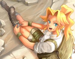 Rule 34 | 1girl, :d, adjusting clothes, adjusting legwear, aikawa rumi, backpack, bag, bandaid, bandaid on face, blonde hair, blouse, blue eyes, boots, breasts, dutch angle, from above, full body, highres, long hair, looking at viewer, metal slug, open mouth, outdoors, sasisage, shirt, shorts, sidelocks, sitting, sleeves rolled up, smile, snk, socks, solo, white shirt, white socks, wristband